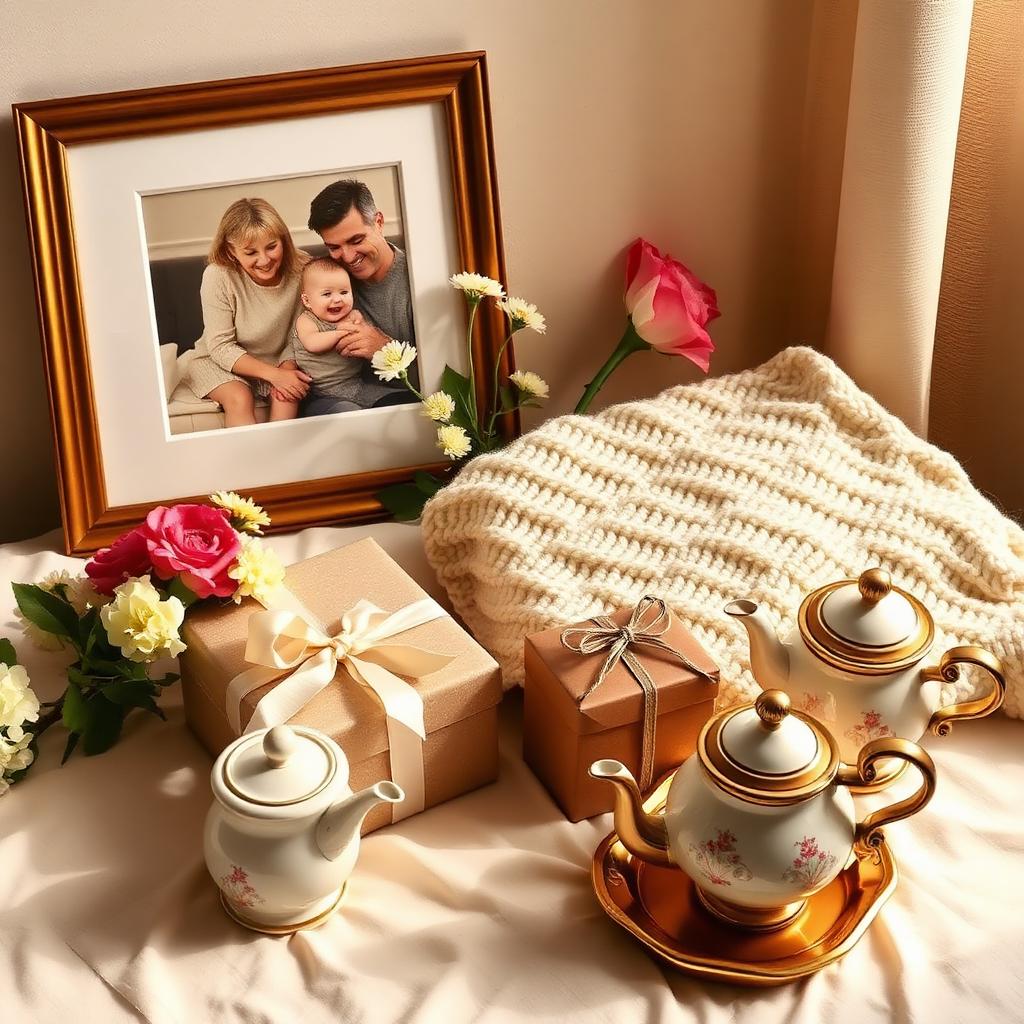 Family photo frame, knitted blanket and flowers — gifts for grandparents