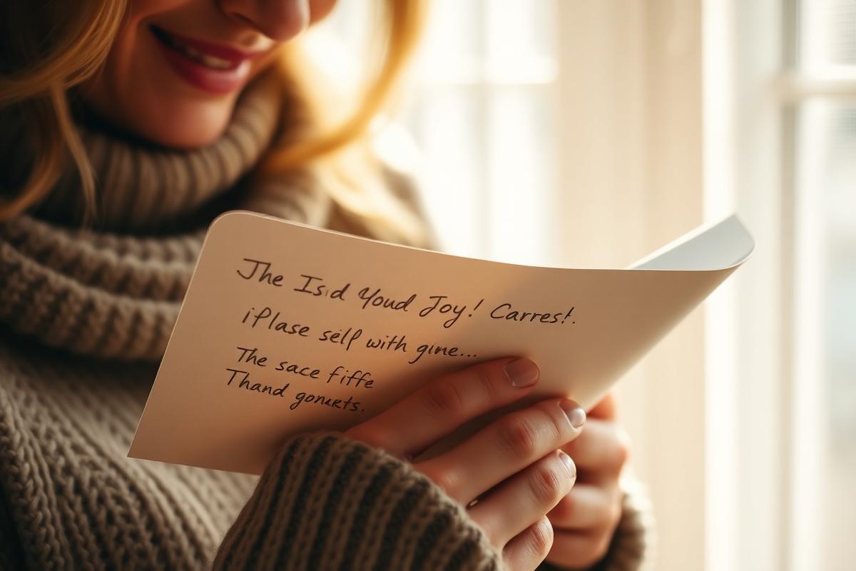 Person reading a personalised handwritten gift card with tears of joy in soft window light