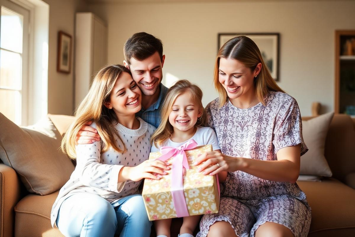 Smiling Australian family opening a personalised gift in a sunlit living room