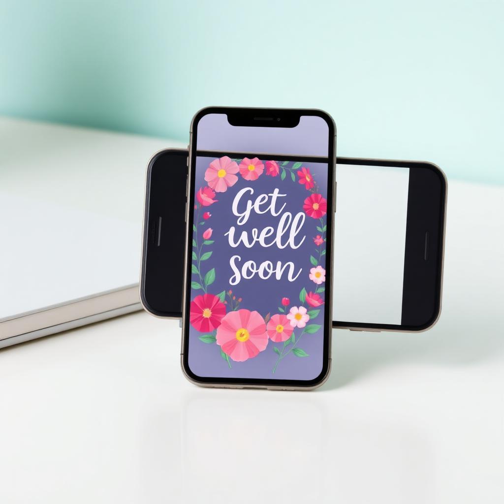Smartphone showing animated get well soon digital card with flowers