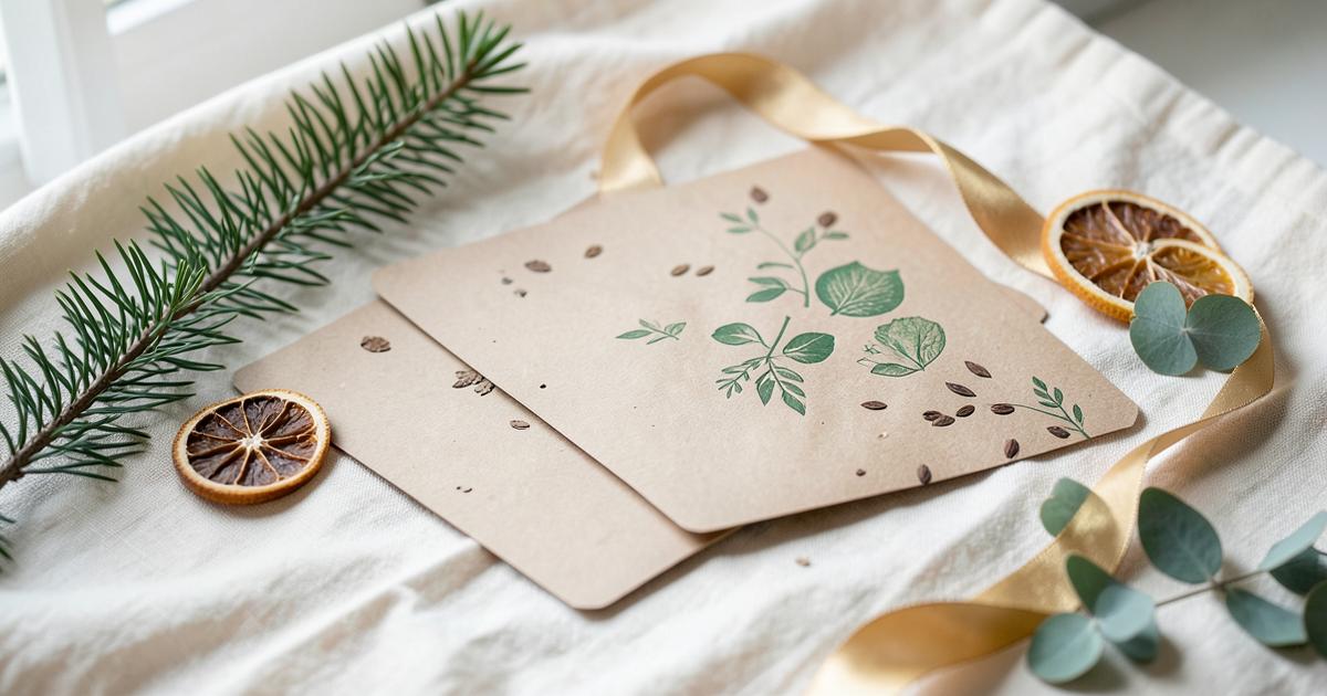 Recycled seed-paper Christmas cards with pine and dried orange on ivory linen