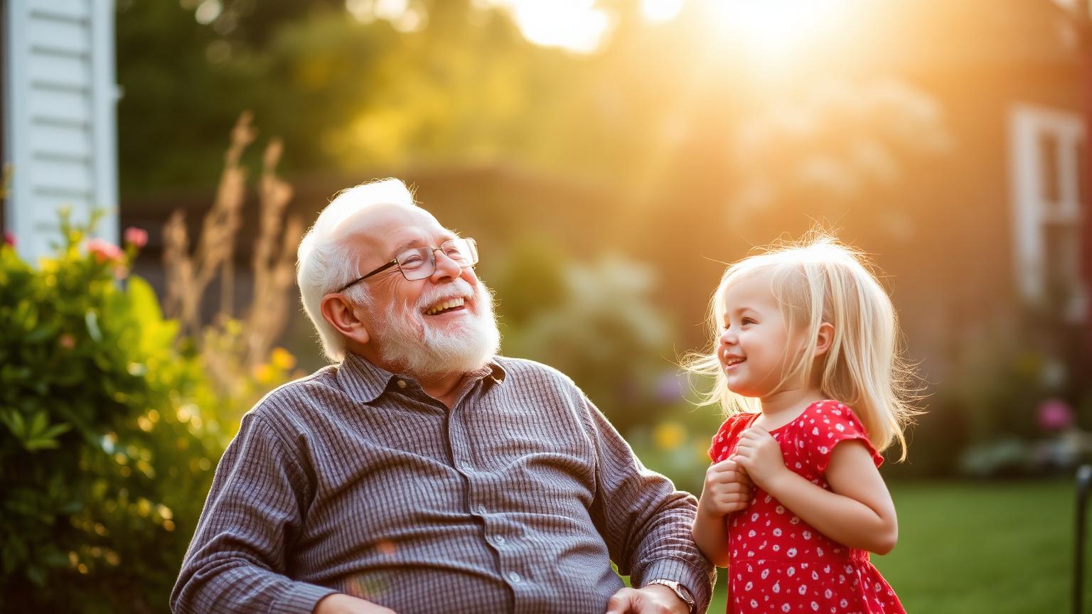 Grandfather laughing with grandchild in a sunlit garden at golden hour