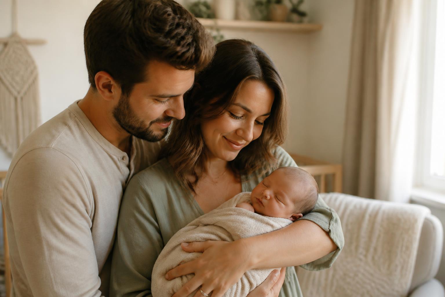 New parents tenderly holding their sleeping newborn baby in a softly lit nursery