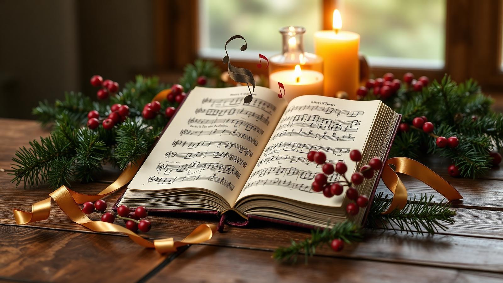 Open musical Christmas card with sheet music, pine, berries and candlelight
