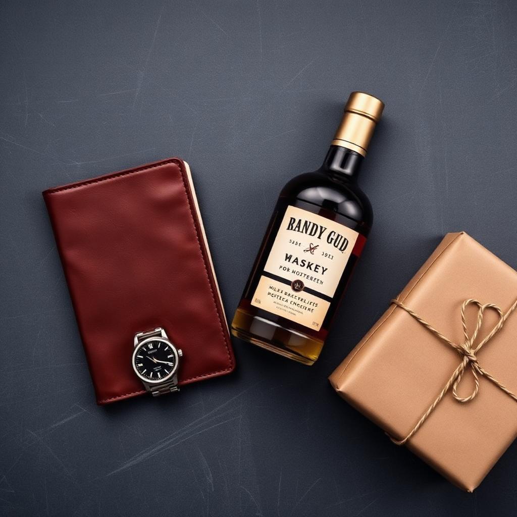 Leather notebook, watch, whiskey bottle and wrapped gift on slate grey — gifts for husband