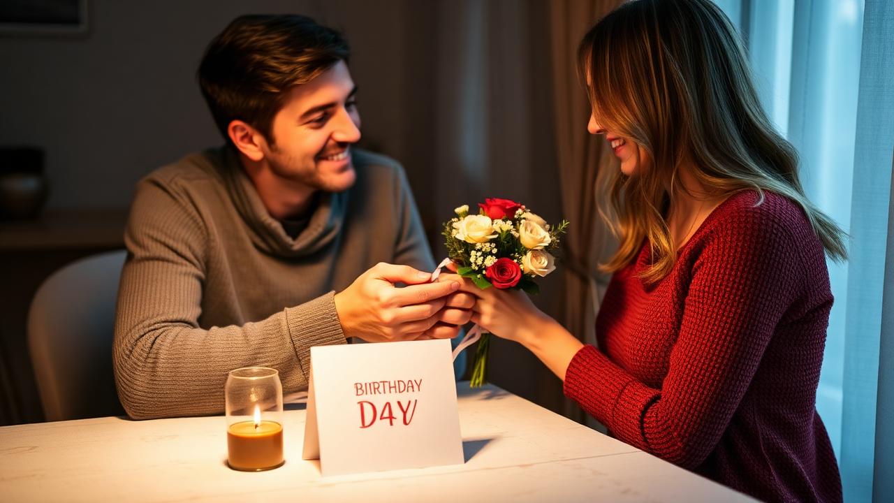 Husband giving wife a small bouquet and a birthday card on her birthday