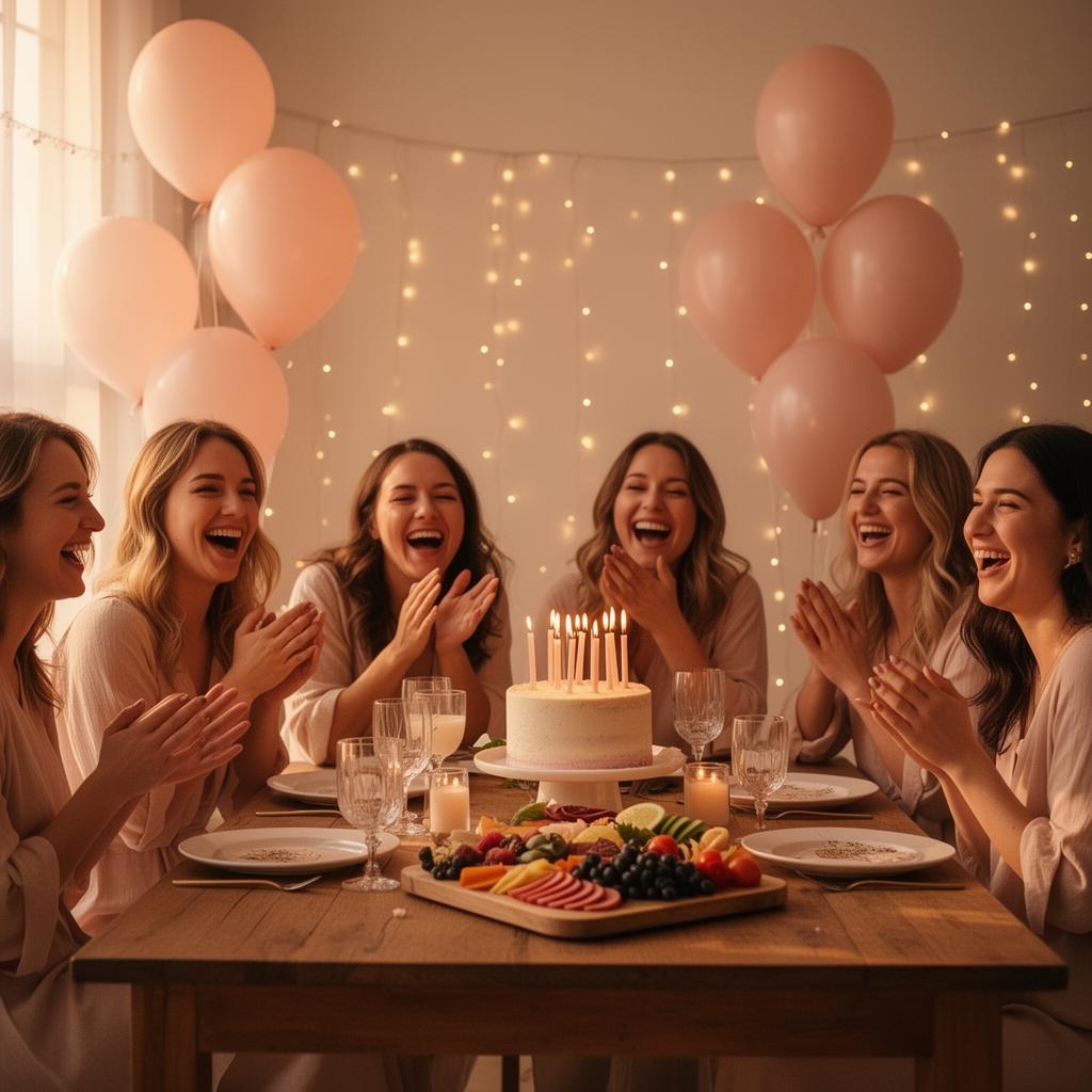 Group of friends laughing around a beautifully styled last-minute home celebration with cake and balloons