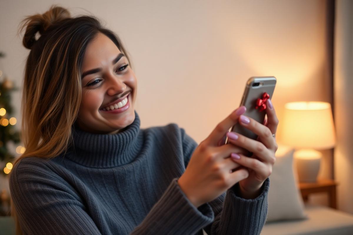 Person smiling while sending a digital gift from their phone in a cosy room