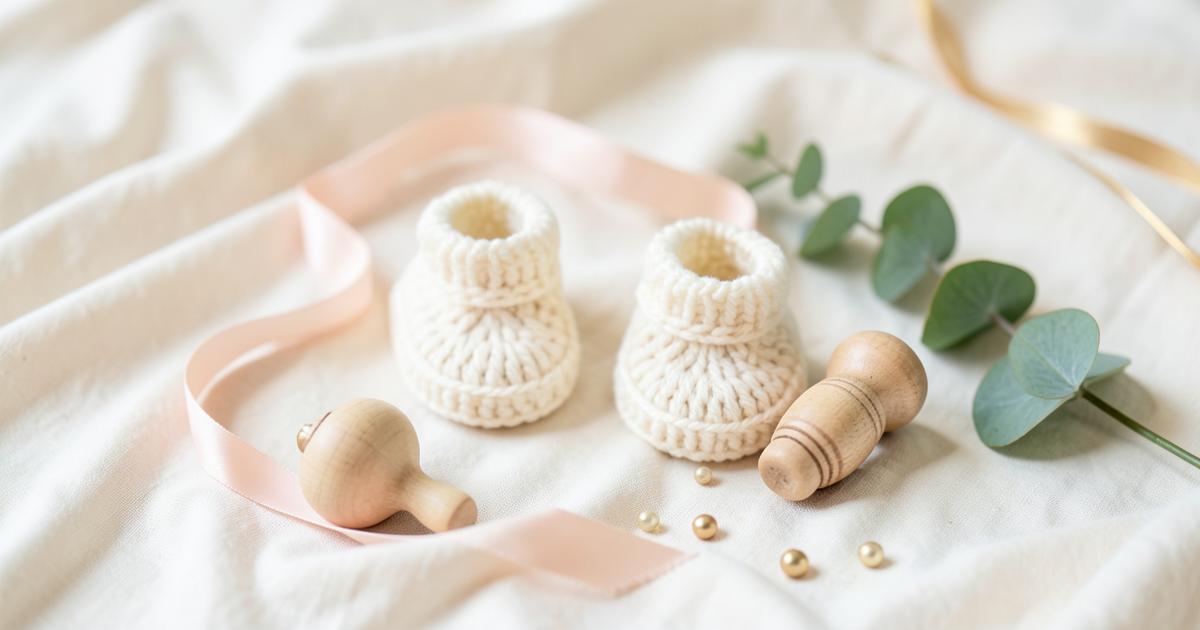 Knitted baby booties, blush ribbon and a wooden rattle on ivory linen