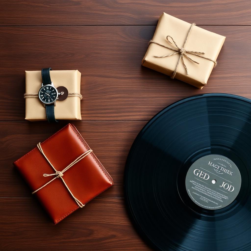 Leather wallet, watch and wrapped gift on a walnut wood surface — gifts for dad