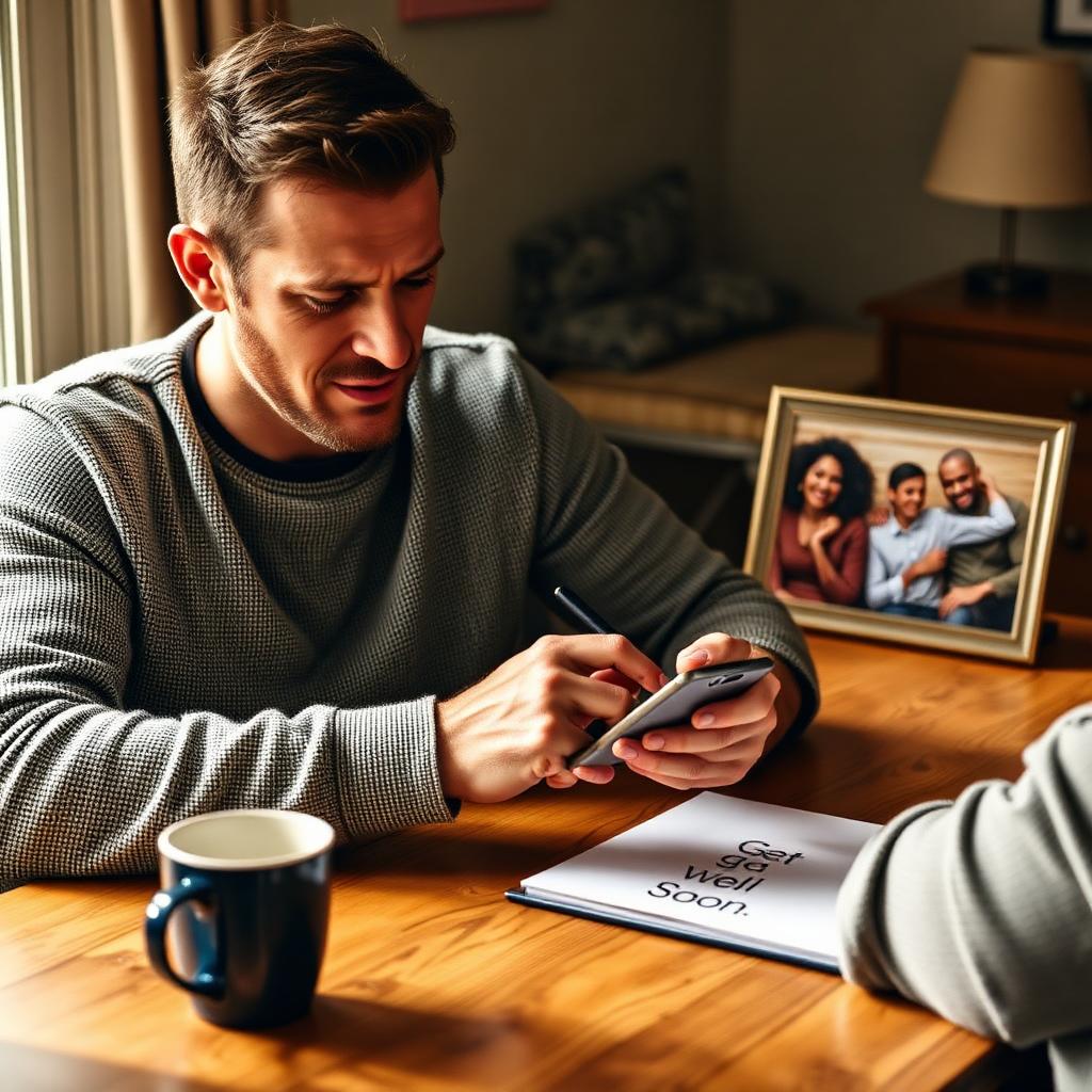 Adult son writing a get well soon message to dad on a smartphone