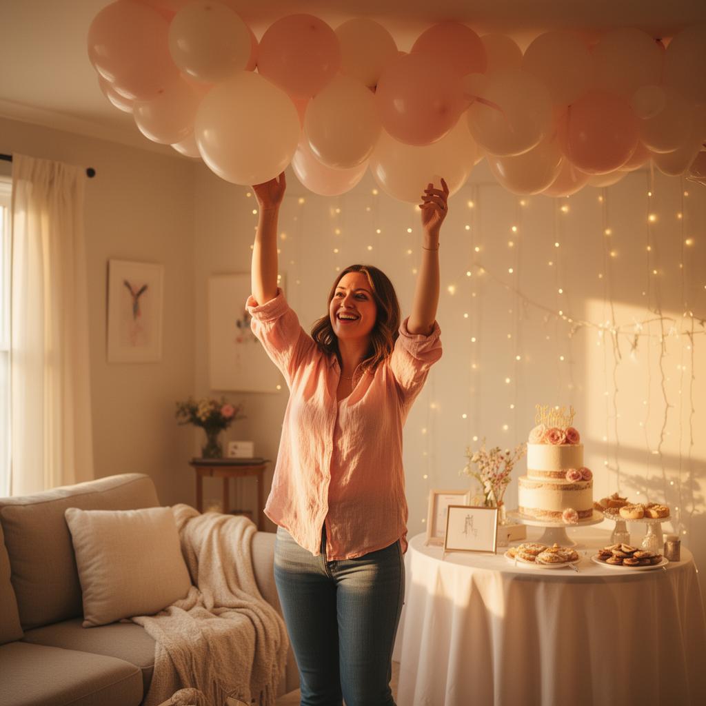 A woman hanging a pastel balloon garland at home for a birthday party
