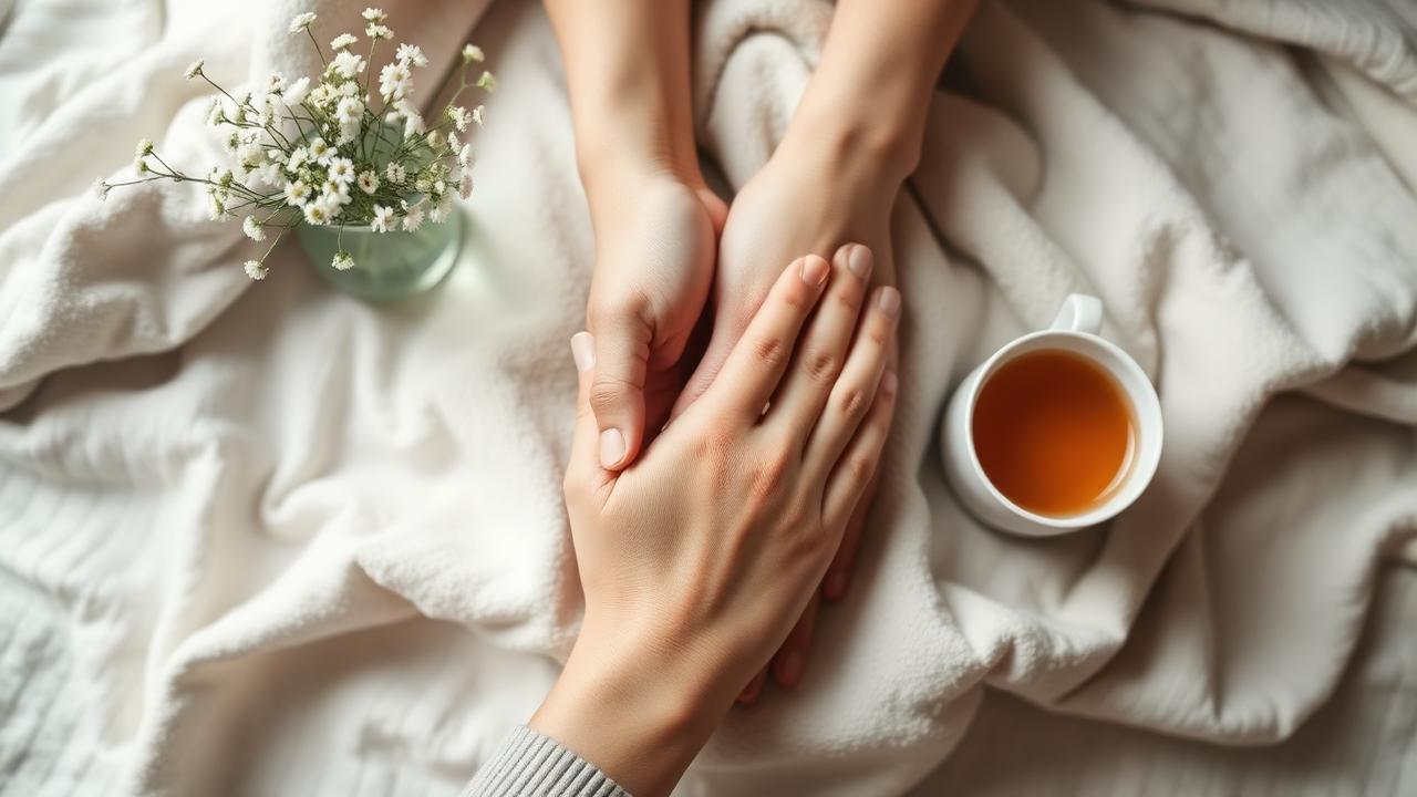 Two hands gently holding each other on a soft blanket beside flowers and tea