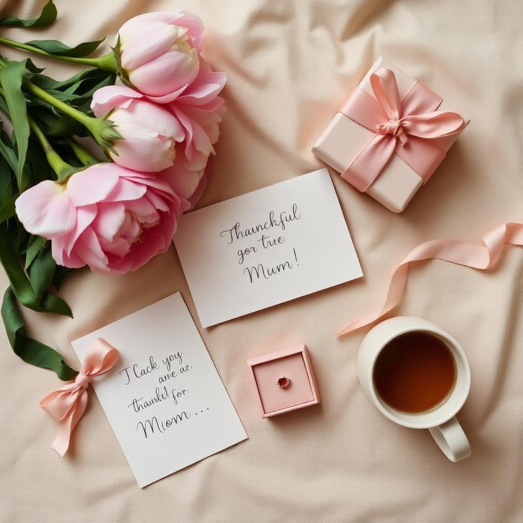 Soft pink peonies, a handwritten card and a small gift box arranged on linen — gifts for mum