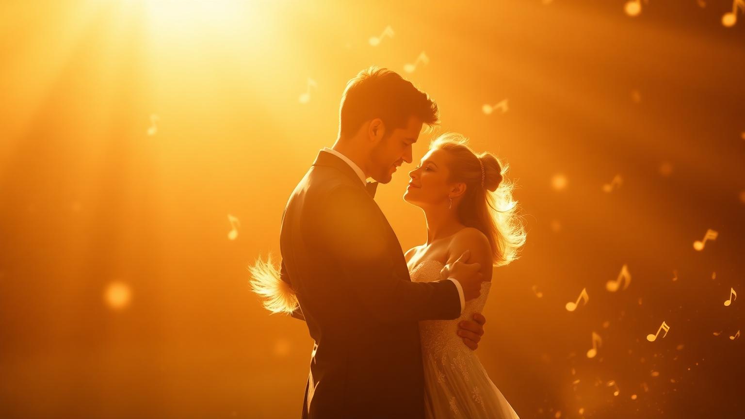 Couple slow dancing in golden light with floating music notes — personalised anniversary song