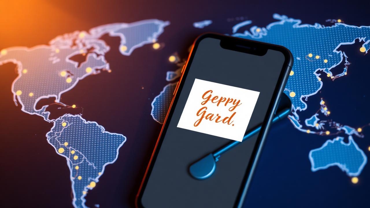 Smartphone with a greeting card on screen against a world map background