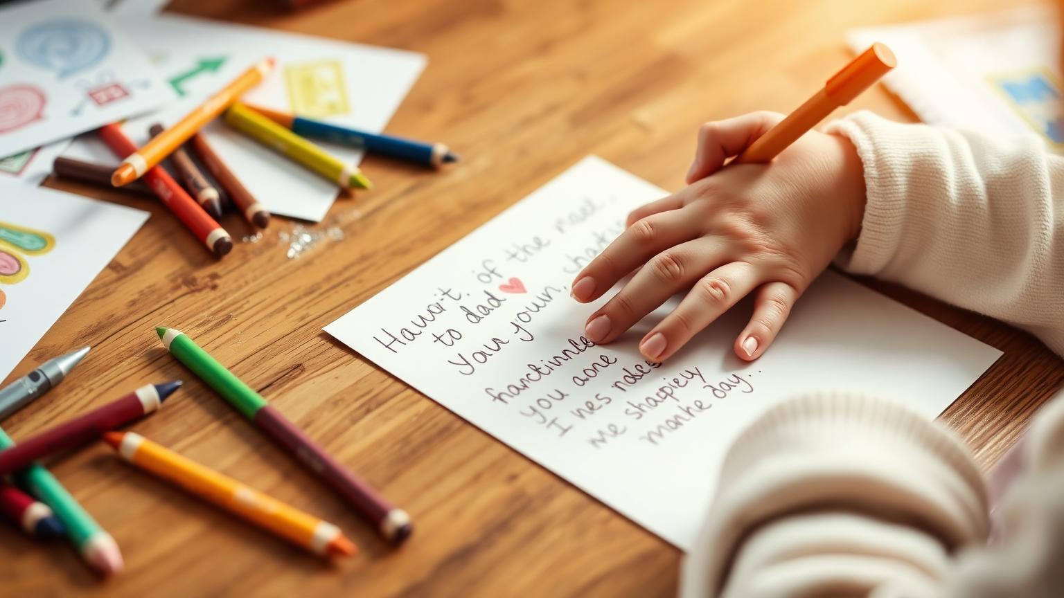 Child's hand writing a heartfelt Father's Day message on paper with crayons scattered nearby