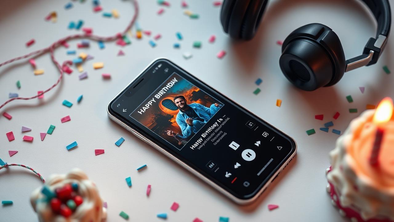 Smartphone playing a personalised birthday song with album cover art surrounded by confetti
