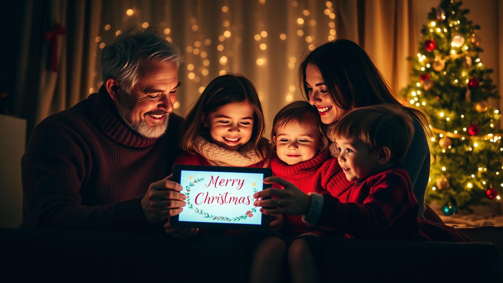 Family gathered around a glowing digital Christmas card by the Christmas tree