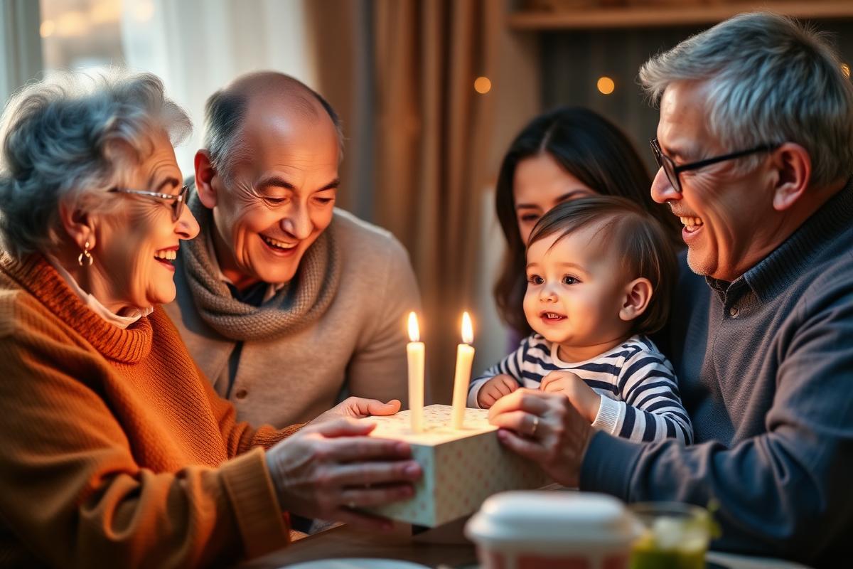 Multi-generational family celebrating a birthday around a cake
