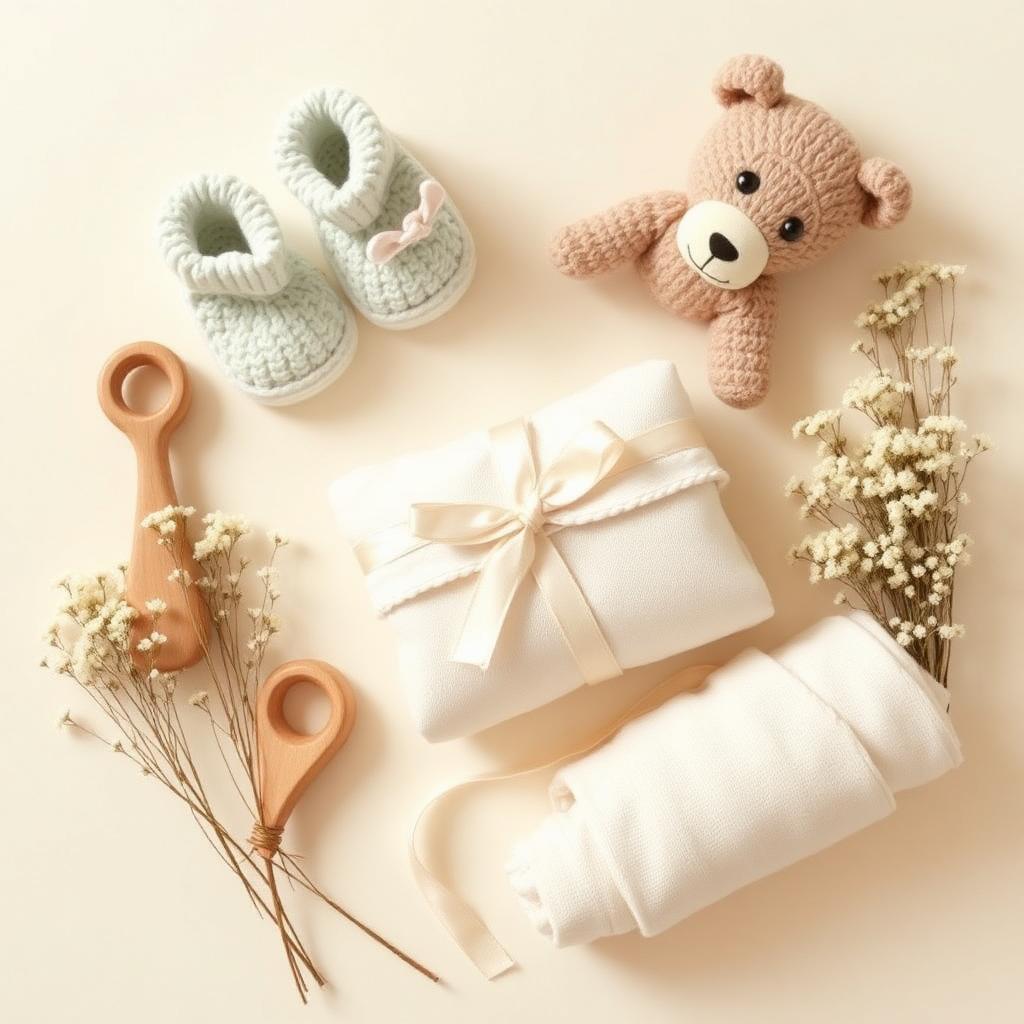 Knitted booties, plush teddy, wooden rattle and muslin wrap on cream — gifts for babies