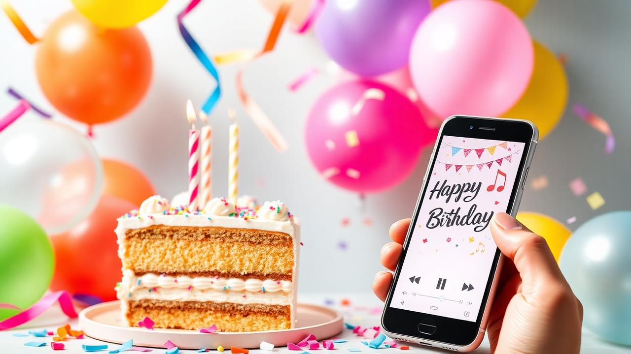 Birthday cake with candles next to a phone showing a musical birthday card