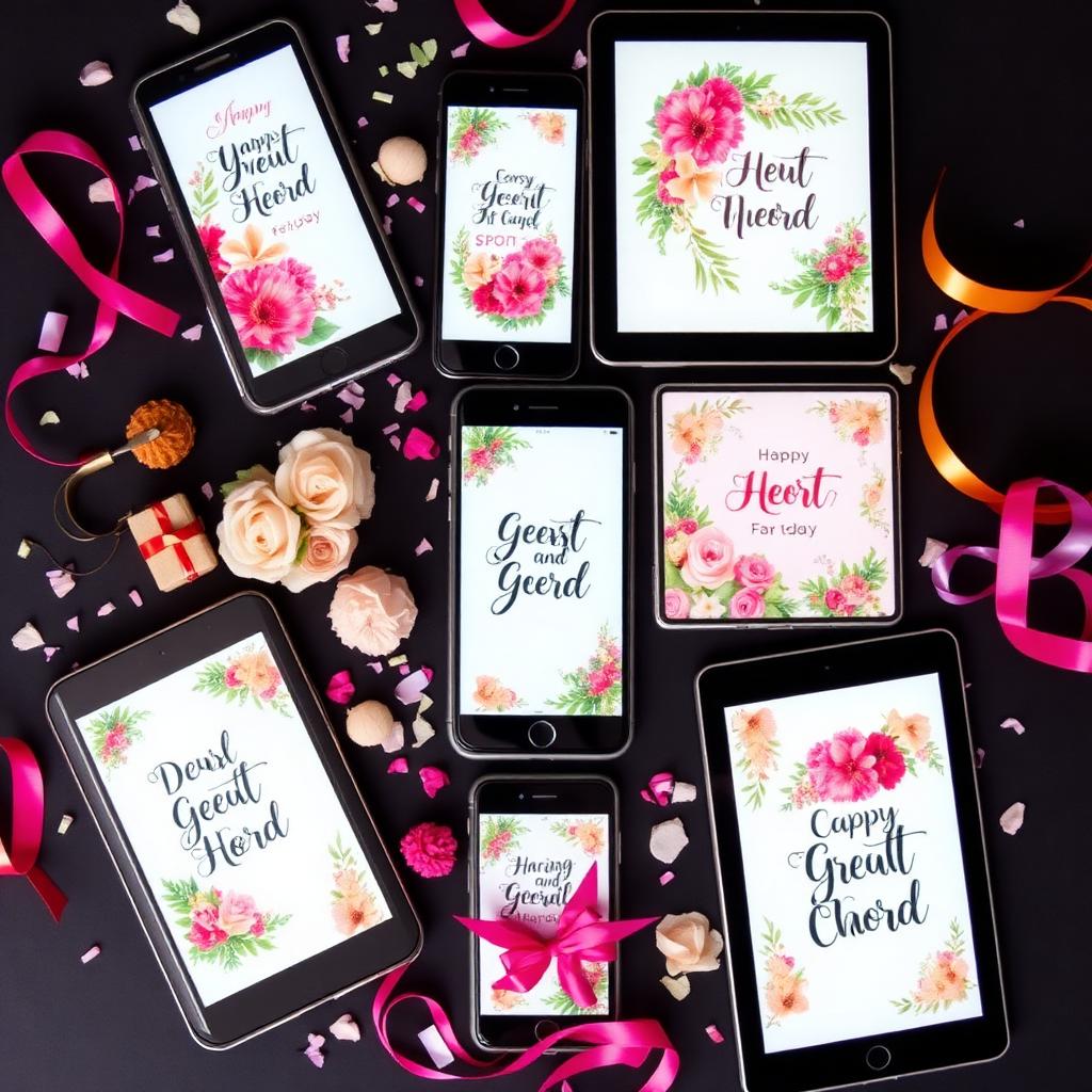 Multiple smartphones and tablets showing beautiful digital greeting cards