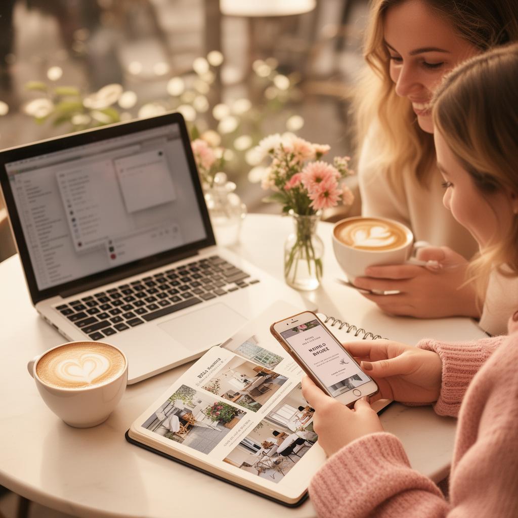 Two friends planning an event together at a cafe with a laptop, notebook and phone showing a digital invitation