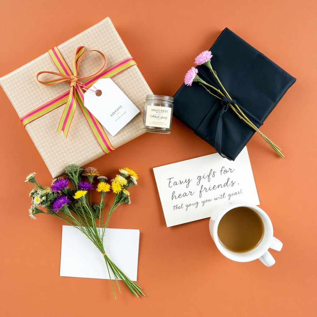 Wrapped gift, candle, wildflowers and coffee mug on terracotta — gifts for friends