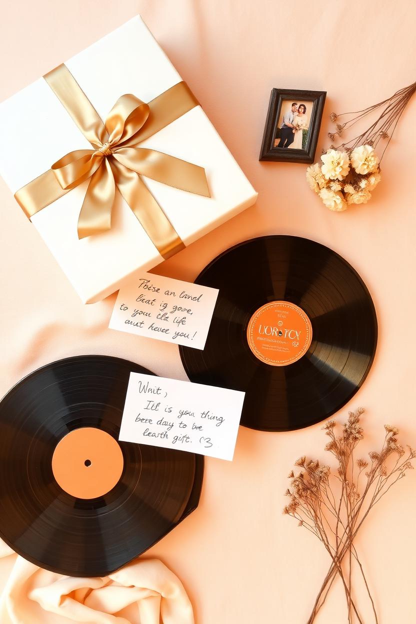Flat lay of elegant personalised special occasion gifts with ribbon, handwritten note and dried flowers