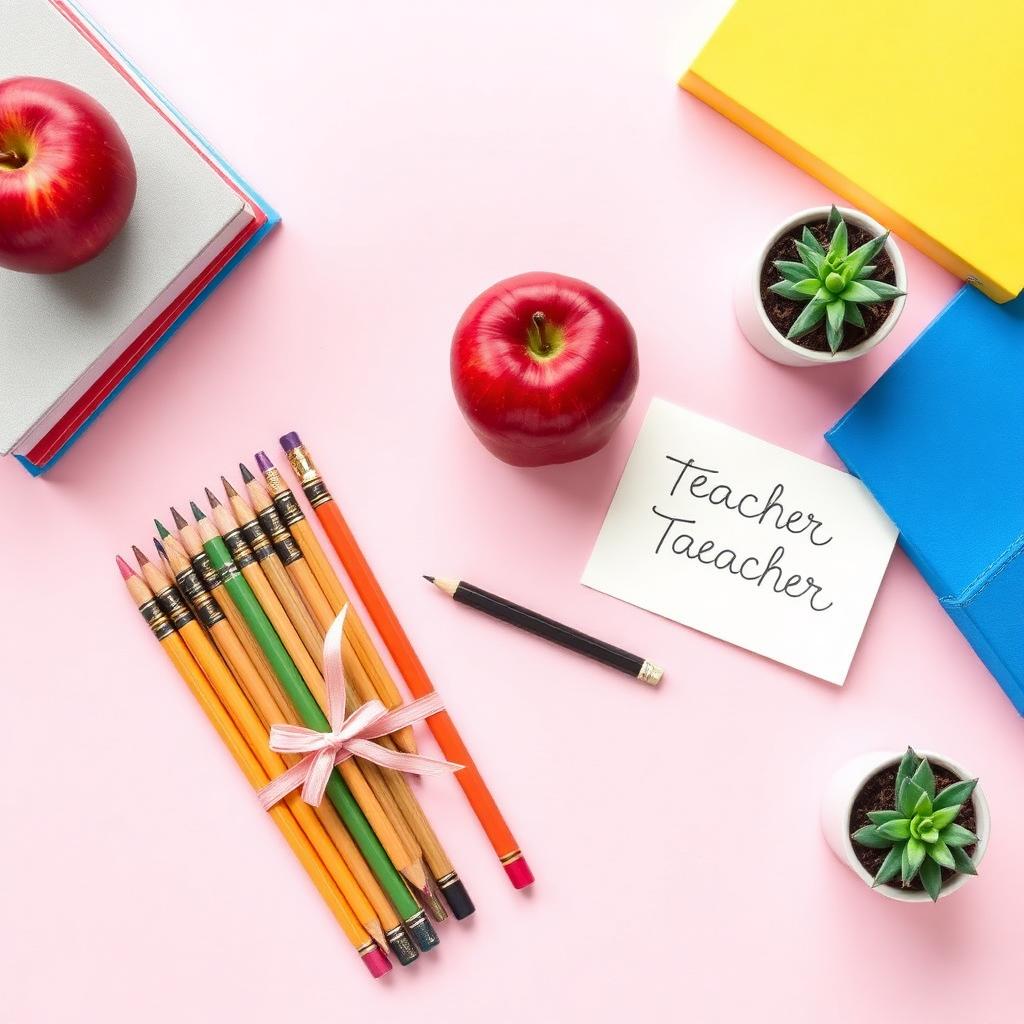 Apple, pencils, books and a thank-you note arranged on pastel pink — gifts for teachers