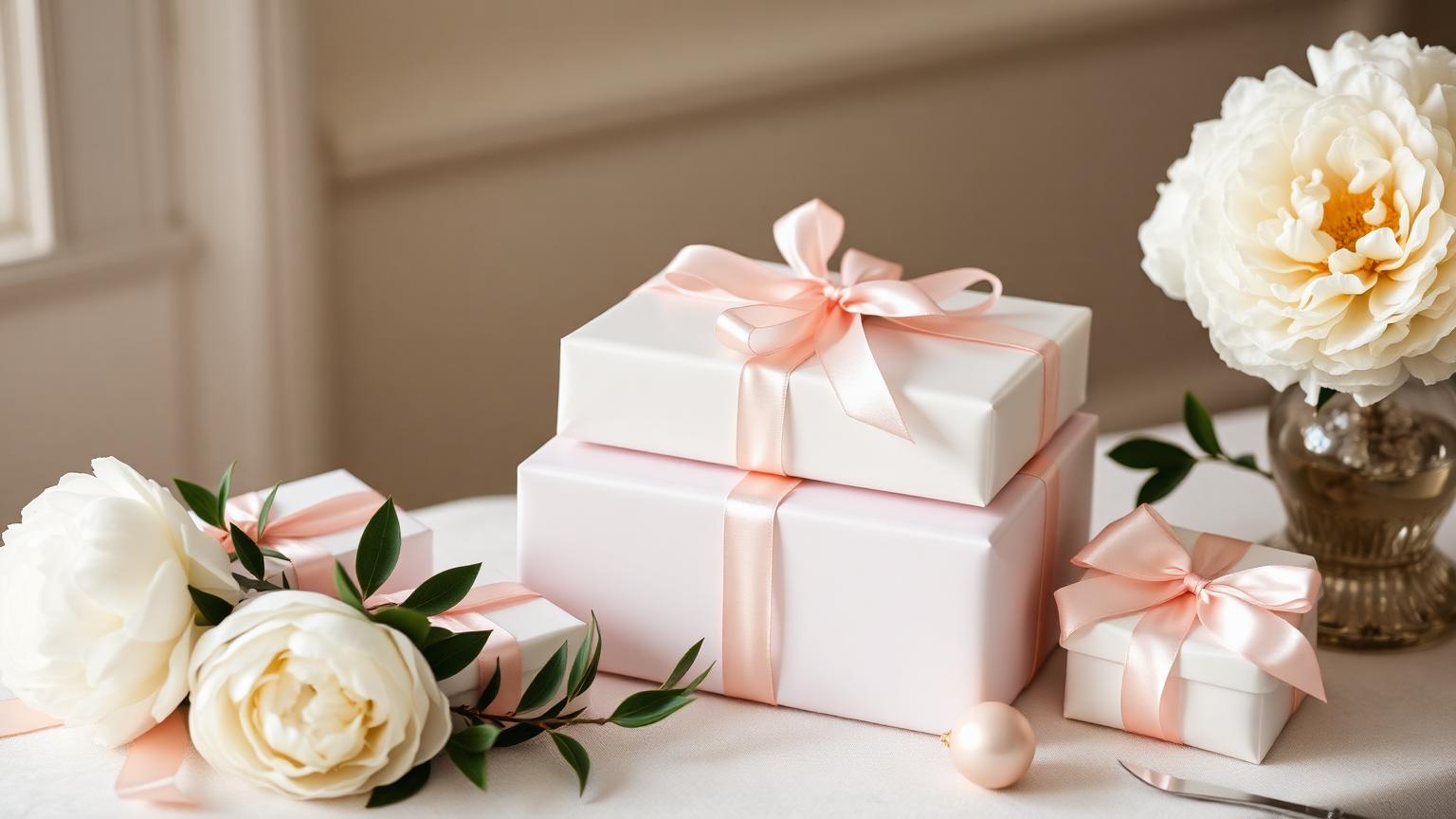 Elegant wedding gift table with wrapped presents, peonies and ribbons
