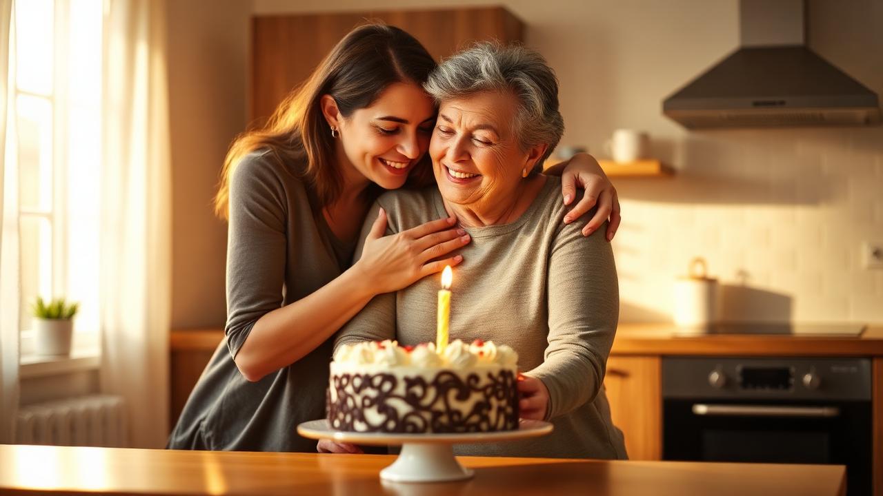 Adult daughter hugging her mum on her birthday in a warm kitchen