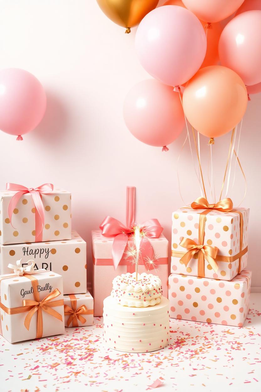 Joyful birthday scene with personalised wrapped gifts, balloons and a small cake with sparkler candle