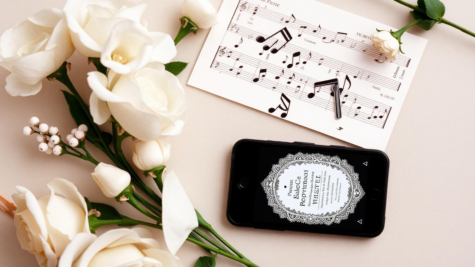 Smartphone wedding invitation with musical notes, white florals and gold accents
