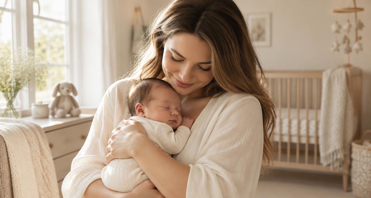 Mother tenderly cradling her sleeping newborn in a softly lit ivory nursery