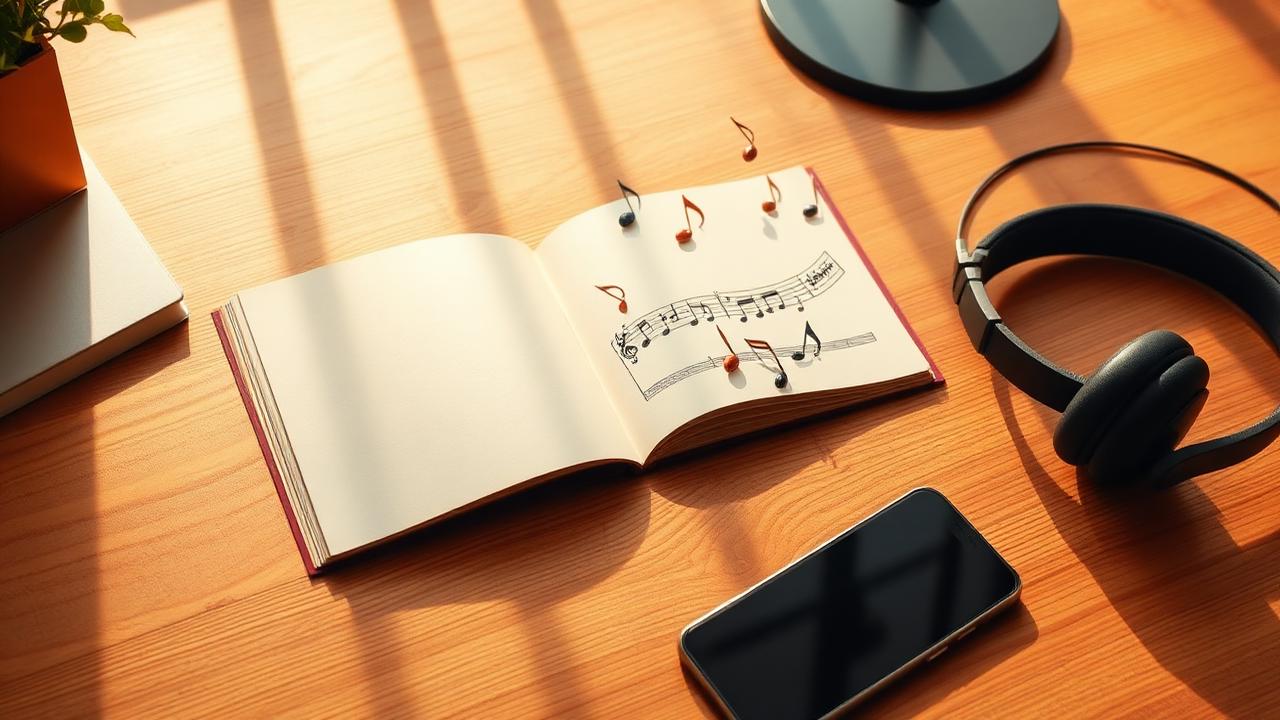 Open greeting card on a wooden desk with musical notes floating out and headphones beside it
