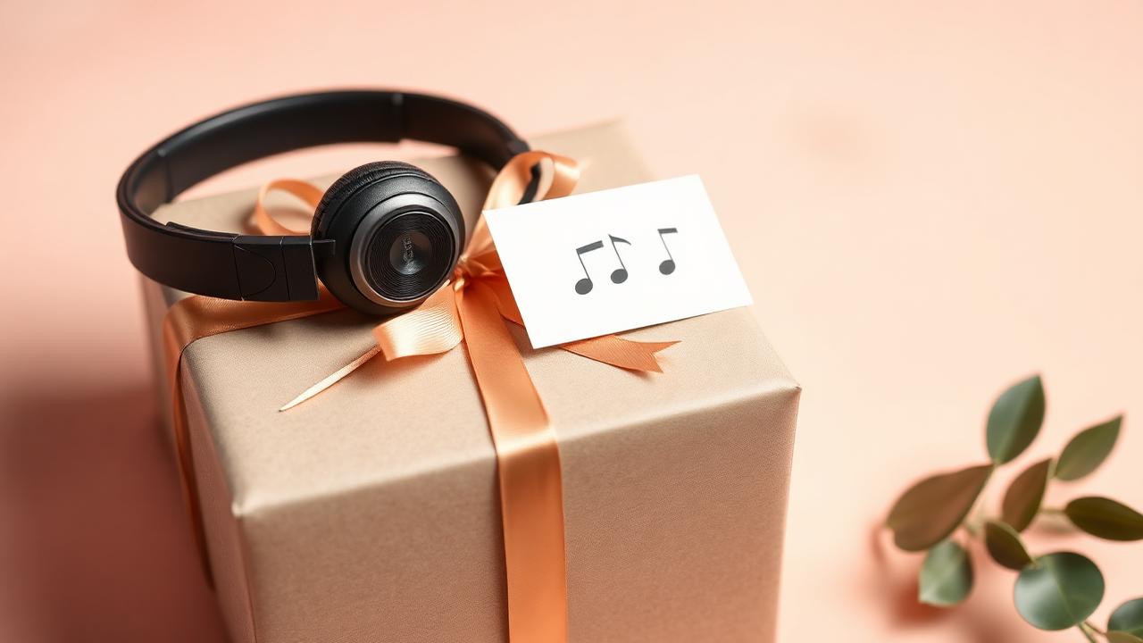 Gift box with headphones on top and a small card with musical notes