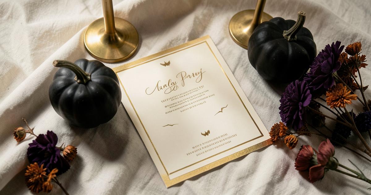Gold-bordered Halloween invitation with black pumpkins, dried purple flowers and gold candlesticks