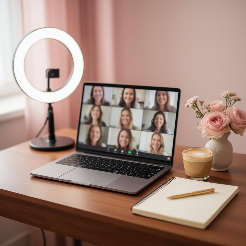 Modern home virtual event setup with laptop, ring light, flowers and notebook