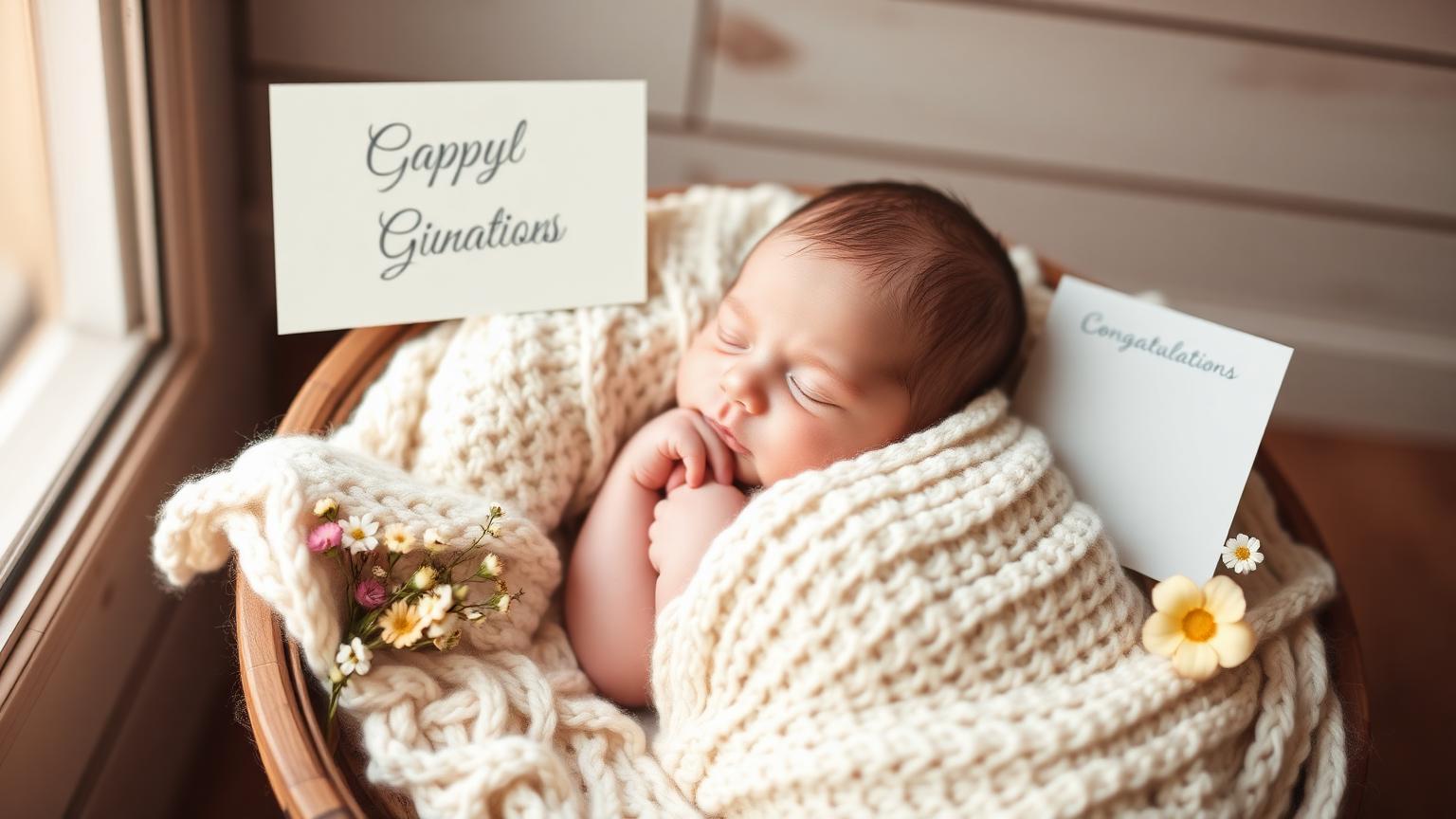 Newborn baby in soft white knit blanket with congratulations card and flowers