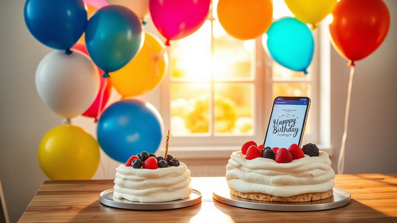 Aussie birthday scene with pavlova-style cake balloons and a smartphone showing a birthday card