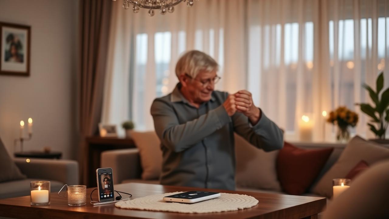 Older couple slow dancing in their living room with music playing on a phone