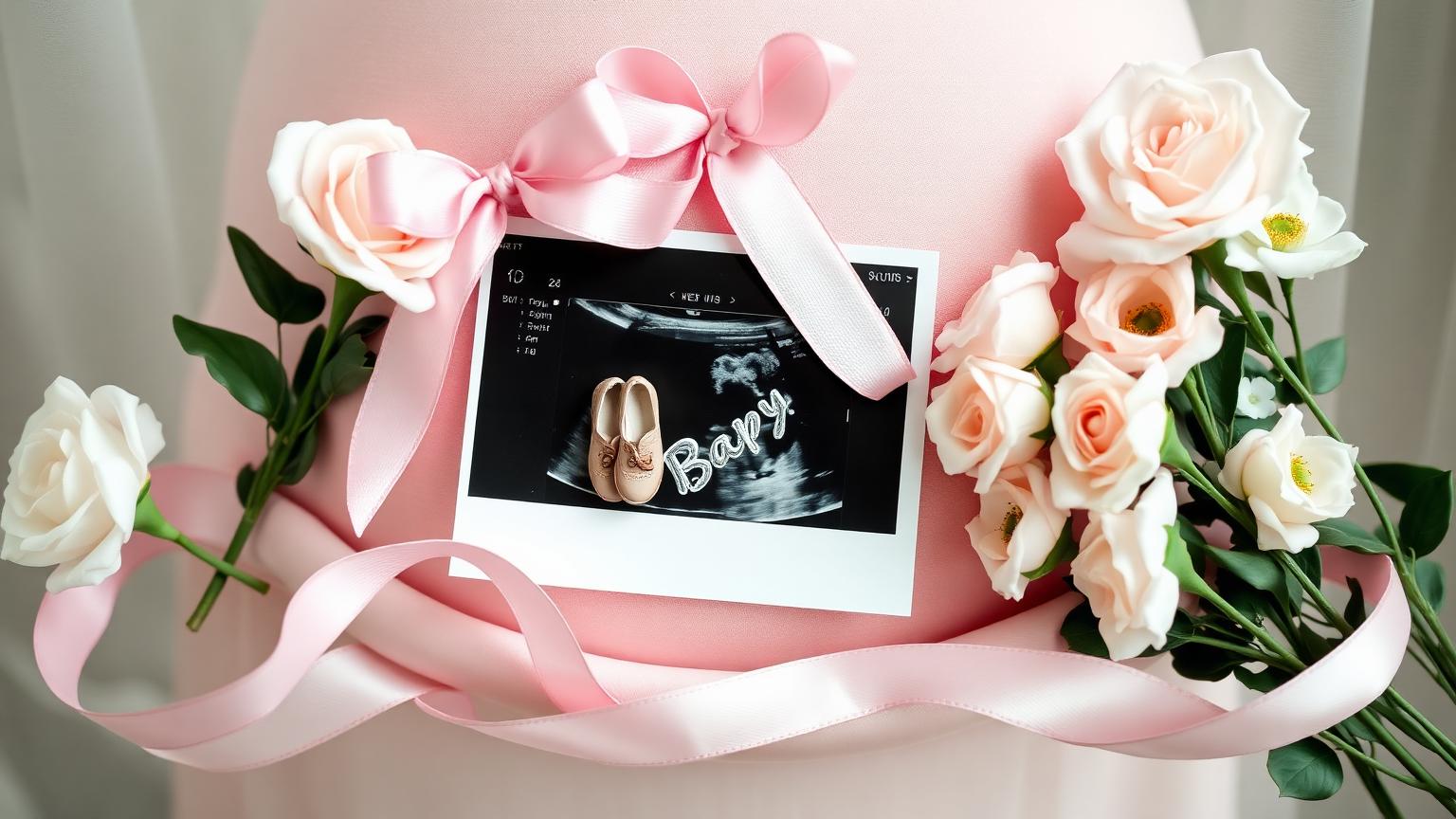 Pregnancy announcement with ultrasound, baby shoes, ribbon and pastel flowers