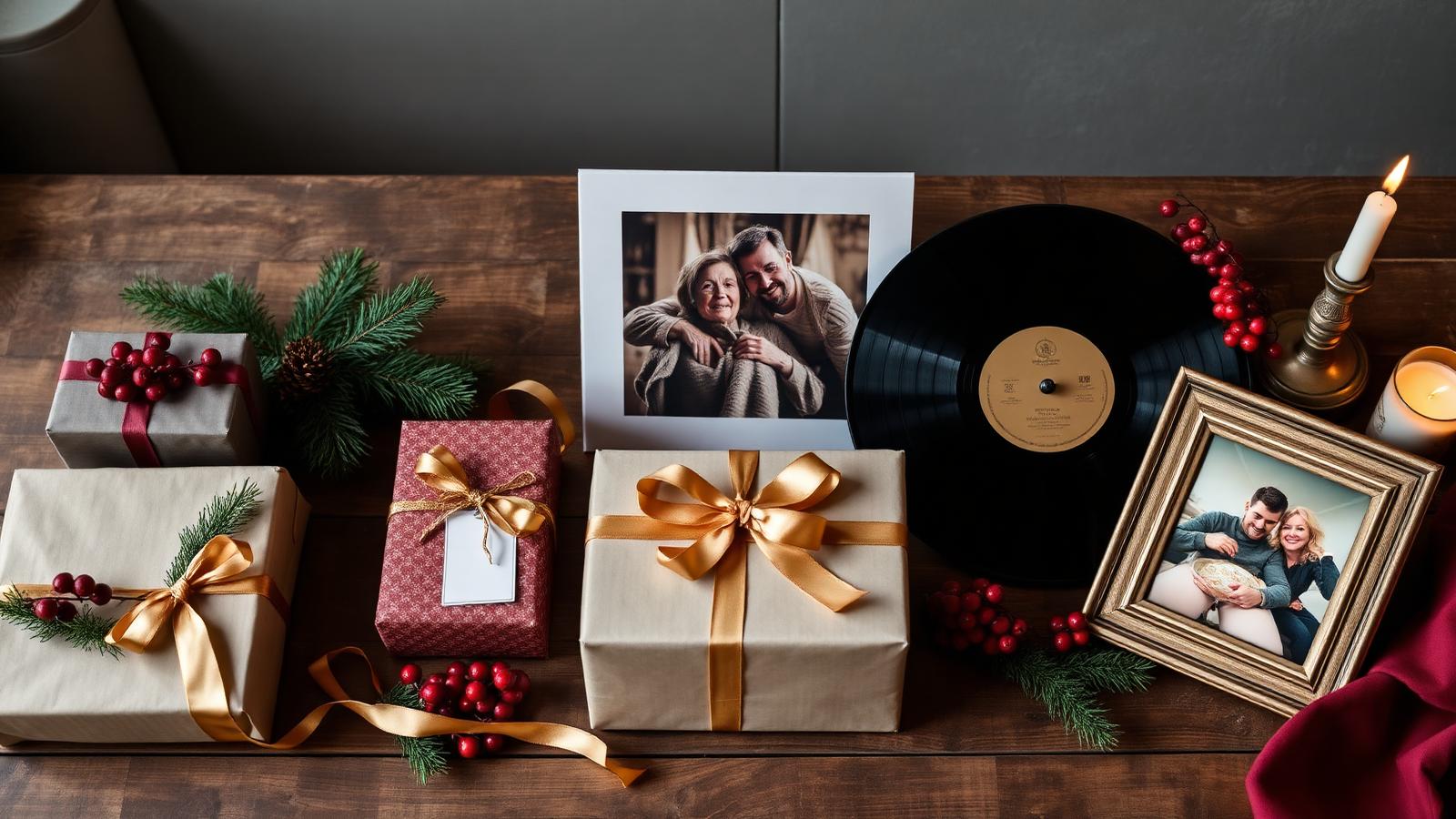 Elegant Christmas gifts for parents arranged on a wooden table with pine and candlelight