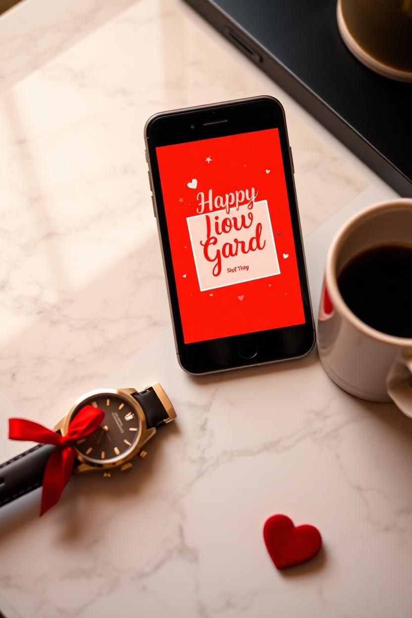 Smartphone with an animated greeting card glowing next to a watch and coffee on a marble desk