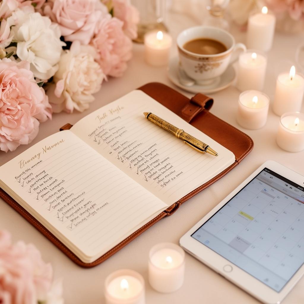 Elegant event planner's desk with a leather notebook, gold pen, blush flowers and calendar