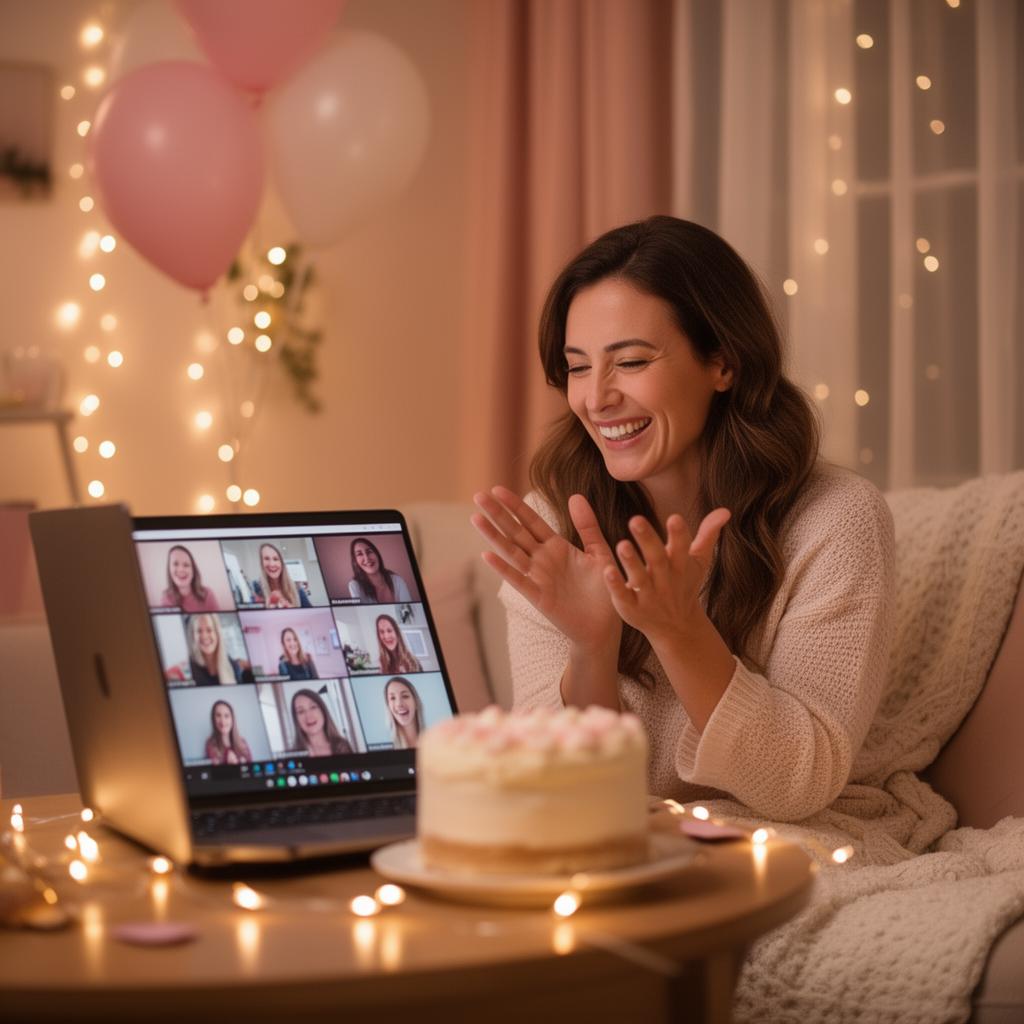 A woman clapping joyfully during a virtual celebration with a cake and laptop showing friends on video call