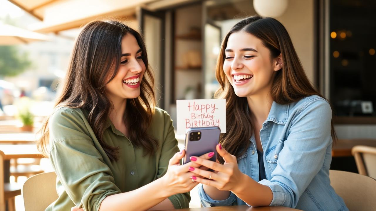 Two best friends laughing together at a cafe holding a phone showing a birthday card