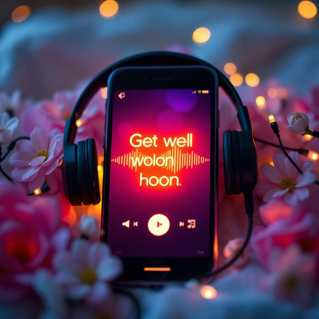 Smartphone with headphones playing a musical get well card